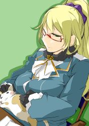 Rule 34 | 10s, 1girl, alternate hairstyle, atago (kancolle), bebebe (pepegakii), bespectacled, blonde hair, cat, chair, glasses, green eyes, highres, kantai collection, long hair, long sleeves, lying, military, military uniform, personification, sitting, solo, uniform