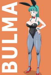 Rule 34 | 1girl, bare arms, bare shoulders, black leotard, blue eyes, blue hair, blue pantyhose, breasts, bulma, cleavage, curvy, detached collar, dragon ball, dragon ball (classic), female focus, full body, high heels, highleg, highleg leotard, highres, ikataishogun (king squid), large breasts, leotard, long hair, pantyhose, playboy bunny, revealing clothes, shiny clothes, shiny skin, smile, solo, standing, strapless, strapless leotard, wide hips