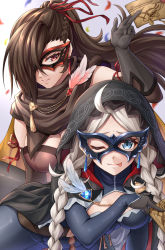 Rule 34 | 2girls, bare shoulders, black cape, black gloves, blue eyes, braid, breasts, brown hair, cape, capelet, cleavage, detached sleeves, domino mask, earrings, elbow gloves, envelope, feathers, fire emblem, fire emblem fates, fire emblem heroes, gloves, grey hair, hair over one eye, half mask, hood, hooded capelet, jewelry, kagero (fire emblem), keyring, large breasts, leather, mask, multiple girls, nina (fire emblem), nintendo, one eye closed, phantom thief, pink eyes, sleeveless, small breasts, ten (tenchan man), tongue, tongue out, twin braids, twintails