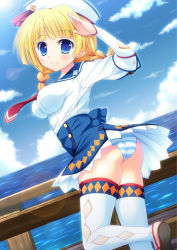 Rule 34 | 1girl, ass, blonde hair, blue eyes, blue panties, braid, breasts, capcom, clothes lift, dixie cup hat, furukawa lemon, hat, long hair, military hat, miniskirt, monster hunter, monster hunter (series), monster hunter 3 g, panties, pantyshot, quest receptionist (monster hunter 3 ultimate), skirt, solo, striped clothes, striped panties, thighhighs, twin braids, underwear, white thighhighs