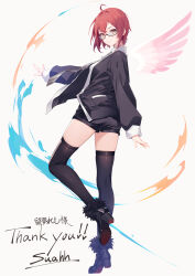 Rule 34 | 1girl, ahoge, arm at side, arm up, artist name, black-framed eyewear, black footwear, black jacket, black shorts, black thighhighs, closed mouth, collared shirt, commission, crossed bangs, detached wings, english text, feathered wings, female focus, from side, full body, fur-trimmed footwear, fur trim, glasses, grey necktie, hair intakes, happy, high heels, highres, jacket, leg up, long sleeves, looking at viewer, matching hair/eyes, mixed-language text, necktie, open clothes, open jacket, original, outstretched arm, pink wings, pocket, red eyes, red hair, semi-rimless eyewear, shiny clothes, shirt, shoes, short hair, short shorts, shorts, sidelocks, signature, skeb commission, skindentation, smile, solo, standing, standing on one leg, striped necktie, suahh, thank you, thighhighs, thighs, translation request, white background, white shirt, wings