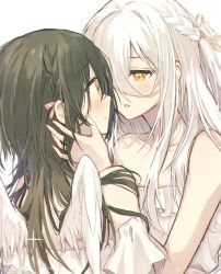 Rule 34 | 1010 neg, 2girls, angel wings, bare shoulders, blush, braid, closed mouth, green hair, hair between eyes, hair ribbon, highres, long hair, looking at another, multiple girls, original, parted lips, ribbon, shirt, simple background, upper body, white background, white hair, white shirt, wings, yuri