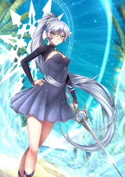 Rule 34 | 1girl, adsouto, blue eyes, blue sky, blush, breasts, day, dress, floating hair, hair between eyes, hair ornament, hand on own hip, high ponytail, highres, holding, holding sword, holding weapon, long hair, looking at viewer, outdoors, palm tree, purple dress, rwby, sash, short dress, silver hair, sky, sleeveless, sleeveless dress, small breasts, solo, sparkle, standing, sword, tree, very long hair, weapon, weiss schnee