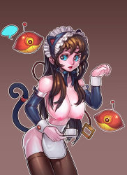 Rule 34 | 1girl, animal ears, apron, blue eyes, breasts, brown hair, cat ears, cat girl, cat tail, female focus, fengmo, highres, long hair, looking at viewer, maid, maid apron, maid headdress, nipples, no panties, paw pose, solo, standing, tail, thighhighs