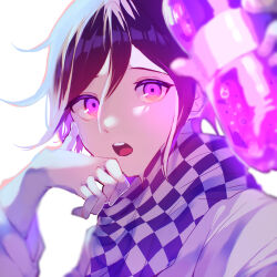 Rule 34 | 1boy, :o, ayacho mato, bottle, checkered clothes, checkered scarf, danganronpa (series), danganronpa v3: killing harmony, fanta, grey jacket, hair between eyes, hand on own chin, hands up, highres, holding, holding bottle, jacket, looking at viewer, male focus, oma kokichi, pink eyes, pink hair, purple hair, scarf, simple background, solo, teeth, white background