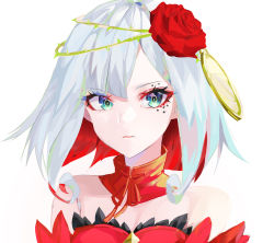 Rule 34 | 1girl, aqua eyes, bad id, bad pixiv id, breasts, cleavage, closed mouth, destiny (takt op.), detached collar, detached sleeves, eyeshadow, facial mark, feather trim, flower, highres, looking at viewer, makeup, mikaduki 3636, multicolored hair, musical note, red eyeshadow, red flower, red hair, red rose, rose, short hair, silver hair, simple background, small breasts, solo, takt op., thorns, two-tone hair, upper body, white background