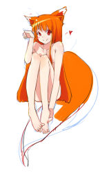 Rule 34 | 00s, 1girl, animal ears, bad id, bad pixiv id, barefoot, blush, fang, feet, female focus, flelincw, hands on feet, highres, holding own foot, holo, long hair, nude, orange hair, red eyes, sitting, sketch, smile, solo, spice and wolf, tail, white background, wolf ears, wolf tail
