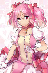 Rule 34 | 10s, 1girl, ahoge, bad id, bad pixiv id, bow, breasts, choker, dress, gloves, hair bow, kaname madoka, kaname madoka (magical girl), looking at viewer, magical girl, magister, mahou shoujo madoka magica, mahou shoujo madoka magica (anime), pink eyes, pink hair, puffy sleeves, revision, short twintails, smile, solo, soul gem, twintails, white gloves