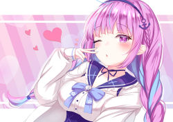 Rule 34 | 1girl, :o, ahoge, arm up, blue hair, blue sailor collar, braid, breasts, collarbone, colored inner hair, hair ornament, headband, heart, highres, hololive, long hair, long sleeves, looking at viewer, minato aqua, minato aqua (sailor), multicolored hair, one eye closed, outline, purple background, purple eyes, purple hair, ribbon, sailor collar, shirt, simple background, solo, striped, striped background, twin braids, two-tone hair, upper body, v, virtual youtuber, white background, white shirt, yuano