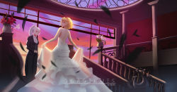 Rule 34 | 2girls, absurdres, artist name, azur lane, back, backless outfit, blonde hair, bow, bowtie, braid, breasts, bride, clothes lift, crown braid, dress, earrings, ekikon, english text, feathers, female focus, flower, formal, highres, jewelry, layered dress, long dress, long hair, looking at viewer, medium breasts, medium hair, multiple girls, orange eyes, ponytail, prince of wales (azur lane), prinz eugen (azur lane), railing, red eyes, red flower, silver hair, skirt, skirt lift, strapless, strapless dress, suit, traditional bowtie, tuxedo, vest, wedding, wedding dress, white dress, white flower, wife and wife, window, yuri