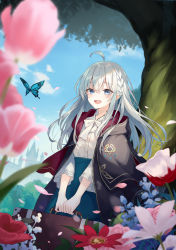 Rule 34 | 1girl, :d, ahoge, animal, azuuru, black cape, blue flower, blue skirt, blue sky, blurry, blurry foreground, bow, braid, bug, building, butterfly, cape, cloud, collared shirt, day, depth of field, dress shirt, elaina (majo no tabitabi), flower, grey eyes, hair between eyes, high-waist skirt, highres, hood, hood down, hooded cape, insect, long hair, looking at viewer, majo no tabitabi, open mouth, outdoors, petals, pink flower, red flower, shirt, shirt tucked in, silver hair, skirt, sky, smile, solo, teeth, textless version, tree, tulip, upper teeth only, very long hair, white bow, white shirt