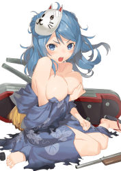 Rule 34 | 10s, 1girl, angry, barefoot, blue eyes, blue hair, blush, breasts, cork gun, double bun, female focus, fox mask, highres, japanese clothes, jonsun, kantai collection, kimono, large breasts, long hair, looking at viewer, mask, matching hair/eyes, open mouth, simple background, sitting, solo, torn clothes, urakaze (kancolle), wariza, white background, yukata