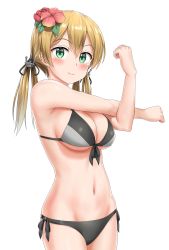 Rule 34 | 10s, 1girl, absurdres, anchor hair ornament, bikini, blonde hair, blush, breasts, flower, green eyes, grey bikini, hair flower, hair ornament, highres, kantai collection, looking at viewer, medium breasts, mismatched bikini, navel, nedia (nedia region), prinz eugen (kancolle), raised fist, side-tie bikini bottom, simple background, smile, solo, swimsuit, twintails, upper body, white background