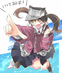 Rule 34 | 10s, 1girl, brown eyes, brown hair, cannon, kantai collection, long hair, open mouth, pointing, ryuujou (kancolle), skirt, smile, solo, symbol-shaped pupils, taker, taker (flamestorm), translated, twintails, visor cap