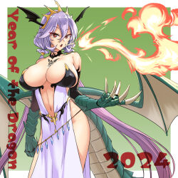 Rule 34 | 1girl, 2024, abo (hechouchou), breasts, breath weapon, breathing fire, chest tattoo, chinese zodiac, claws, cleavage, dragon girl, dragon tail, dragon tattoo, dragon wings, dress, fire, gradient hair, hair between eyes, highres, large breasts, long hair, looking at viewer, multicolored hair, original, pelvic curtain, pink hair, purple hair, red eyes, scales, simple background, solo, tail, tattoo, two-tone background, very long hair, wings, year of the dragon