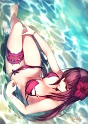 Rule 34 | 1girl, artist name, bikini, breasts, cleavage, collarbone, day, fate/grand order, fate (series), flower, from above, full body, genyaky, hair flower, hair ornament, large breasts, crossed legs, long hair, navel, ocean, outdoors, partially submerged, purple bikini, purple eyes, purple hair, scathach (fate), scathach (fate), scathach (swimsuit assassin) (fate), sitting, solo, swimsuit, thigh strap, water