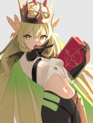 Rule 34 | 1girl, black gloves, black pants, blonde hair, book, breasts, butterfly hair ornament, cape, celine (fire emblem), crown, fire emblem, fire emblem engage, gloves, green eyes, grey background, hair between eyes, hair ornament, holding, holding book, long hair, looking at viewer, midriff, navel, nintendo, official alternate costume, open mouth, outstretched arm, pants, skeptycally, small breasts, solo, twitter username, very long hair