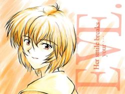 Rule 34 | 1girl, ayanami rei, english text, from behind, looking back, monochrome, neon genesis evangelion, open mouth, pink eyes, portrait, short hair, smile, solo, spot color, yellow theme