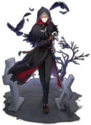 Rule 34 | 1boy, artist request, bird, black cloak, black legwear, blonde hair, blue eyes, brown footwear, brown gloves, cloak, crow, feathers, game cg, gloves, graveyard, highres, holding, holding mask, hood, hood up, looking at viewer, mahjong soul, male focus, mask, official art, plague doctor mask, plant, simple background, smile, solo, third-party source, tombstone, torn clothes, transparent background, tree, unworn mask, yostar
