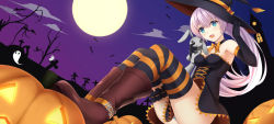 Rule 34 | 1girl, :d, adjusting clothes, adjusting headwear, bad id, bad pixiv id, black dress, black gloves, blue eyes, boots, cloud, cloudy sky, commentary request, dress, elbow gloves, full moon, ghost, gloves, halloween, hat, highres, jack-o&#039;-lantern, long hair, looking at viewer, moon, night, night sky, off-shoulder dress, off shoulder, open mouth, original, panties, pantyshot, ponytail, pumpkin, rko (a470350510), silver hair, sitting, sky, smile, solo, striped clothes, striped panties, striped thighhighs, stuffed animal, stuffed rabbit, stuffed toy, thighhighs, underwear, witch hat, zettai ryouiki