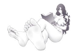 Rule 34 | 1girl, barefoot, book, breasts, feet, large breasts, long hair, monochrome, reading, soles, toes