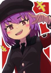 Rule 34 | +++, 1girl, absurdres, armband, black coat, black hat, black necktie, blush stickers, breasts, bright pupils, coat, collared shirt, commentary request, cookie (touhou), fingernails, geru futota, hand up, hat, highres, long sleeves, looking at viewer, medium bangs, necktie, open mouth, outline, peaked cap, purple eyes, purple hair, raised eyebrow, red background, remilia scarlet, shirt, short hair, small breasts, smile, solo, tatamaru5382, teeth, touhou, two-tone background, upper body, upper teeth only, white background, white outline, white pupils, white shirt
