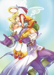 Rule 34 | 10s, 1boy, 1girl, bad id, bad pixiv id, blonde hair, blue eyes, boots, carrying, chinese clothes, detached sleeves, dragon kid, epaulettes, flying, green eyes, green hair, hat, highres, huang baoling, kadansan, power suit, short hair, shorts, sky high (tiger &amp; bunny), superhero costume, thighhighs, tiger &amp; bunny, wings