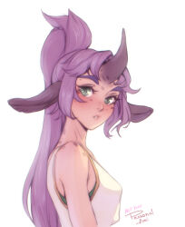 Rule 34 | 1girl, animal ears, artist name, bare arms, bare shoulders, breasts, commentary, english commentary, from side, green eyes, high ponytail, highres, horns, long hair, looking at viewer, looking to the side, medium breasts, original, parted lips, personal ami, purple hair, simple background, single horn, sleeveless, solo, thick eyebrows, upper body, white background