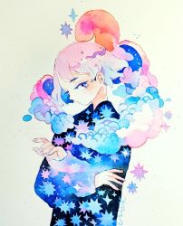Rule 34 | 1girl, cloud, expressionless, gradient hair, long sleeves, looking at viewer, maruti bitamin, multicolored hair, original, painting (medium), pink hair, profile, red sun, short hair, simple background, solo, traditional media, upper body, watercolor (medium), white background