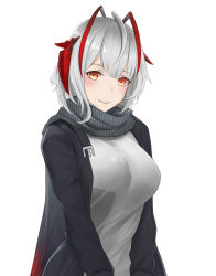 Rule 34 | 1girl, absurdres, ahoge, antennae, arknights, black jacket, blush, breasts, commentary, grey scarf, grey shirt, highres, horns, jacket, large breasts, long sleeves, looking at viewer, orange eyes, qiye luoying, scarf, shirt, short hair, silver hair, simple background, smile, solo, upper body, w (arknights), white background