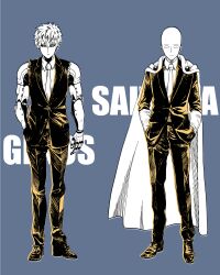 Rule 34 | 2boys, absurdres, bald, cape, character name, colored sclera, commentary request, cyborg, elbow gloves, formal, genos, gloves, greyscale, hand in pocket, hands in pockets, highres, jacket, male focus, mechanical arms, mochishio, monochrome, multiple boys, necktie, one-punch man, saitama (one-punch man), spot color, suit, torn clothes, torn jacket