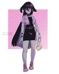 Rule 34 | 1girl, alternate costume, bag, bandaged leg, bandages, black dress, black hair, black nails, bracelet, chamame, choker, closed mouth, colored skin, dress, expressionless, female focus, full body, grey skin, grocery bag, hair between eyes, holding, holding bag, jacket, jewelry, long hair, looking at viewer, multicolored background, nail polish, onion, pink background, pink jacket, plastic bag, red eyes, shoes, shopping bag, sneakers, solo, spiked bracelet, spikes, standing, very long hair, white background, yamada tae, zombie, zombie land saga