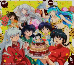 Rule 34 | artist name, birthday cake, blue hair, breasts, cake, chandllucky, creator connection, crossover, food, green skirt, highres, higurashi kagome, inuyasha, inuyasha (character), lum, multiple boys, multiple girls, open mouth, p-chan, panda, ranma 1/2, rin (inuyasha), saotome genma (panda), saotome ranma, sesshoumaru, short hair, skirt, takahashi rumiko (person), tendou akane, twitter username, urusei yatsura, v