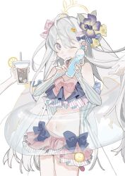 Rule 34 | 3girls, azusa (blue archive), azusa (swimsuit) (blue archive), bikini, blue archive, bottle, bow, closed mouth, cup, detached sleeves, disposable cup, feathered wings, frilled bikini, frills, grey hair, hair between eyes, hair bow, hair ornament, hairclip, highres, holding, holding bottle, holding cup, innertube, long hair, multiple girls, one eye closed, purple eyes, ramune, simple background, solo focus, swim ring, swimsuit, very long hair, white background, wings, yuuinai