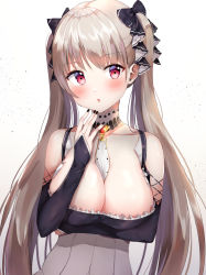 Rule 34 | 1girl, :o, arm under breasts, azur lane, between breasts, black dress, black nails, blush, breast hold, breasts, brown background, brown hair, cleavage, clothing cutout, collarbone, commentary request, dress, fingernails, formidable (azur lane), frilled dress, frills, gradient background, hand up, highres, kubong, large breasts, long hair, long sleeves, looking at viewer, nail polish, parted lips, red eyes, shoulder cutout, simple background, sleeves past wrists, solo, twintails, upper body, very long hair, white background