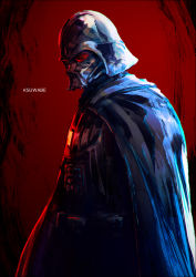 Rule 34 | 1boy, armor, artist name, black background, black cape, cape, darth vader, from side, helmet, k-suwabe, male focus, red background, red eyes, solo, star wars