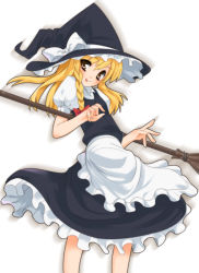 Rule 34 | 1girl, apron, black dress, blonde hair, bow, braid, broom, contrapposto, cowboy shot, dress, female focus, frills, grey background, hair bow, hat, holding, kirisame marisa, looking at viewer, looking back, puffy short sleeves, puffy sleeves, red bow, short sleeves, shouji ayumu, simple background, single braid, solo, standing, team shanghai alice, touhou, waist apron, witch hat