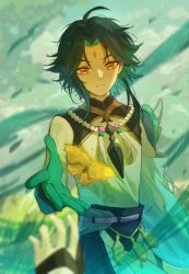 Rule 34 | 1boy, absurdres, ahoge, arm tattoo, bead necklace, beads, genshin impact, gloves, green gloves, green hair, highres, jewelry, leaf, male focus, multicolored hair, necklace, solo, suzushi, tassel, tattoo, xiao (genshin impact), yellow eyes
