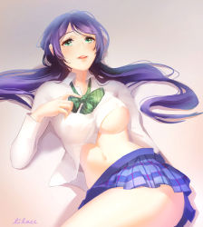 Rule 34 | 10s, 1girl, artist name, bad id, bad pixiv id, blush, breasts, checkered clothes, checkered skirt, green eyes, large breasts, lilaccu, long hair, looking at viewer, love live!, love live! school idol project, midriff, navel, purple hair, see-through, skirt, solo, tojo nozomi, twintails