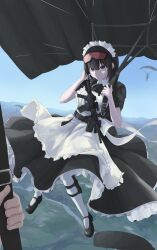 Rule 34 | 1girl, 2others, absurdres, apron, assault rifle, belt, black dress, black eyes, black footwear, black hair, blue sky, closed mouth, commentary request, day, dress, full body, goggles, goggles on head, gun, hands up, highres, m4 carbine, maid, maid apron, maid headdress, mary janes, muginosa, multiple others, neck ribbon, original, outdoors, parachute, ribbon, rifle, shoes, short hair, sky, solo focus, thigh strap, thighhighs, utility belt, weapon, white apron, white headdress, white thighhighs