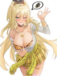 Rule 34 | 1girl, blonde hair, bluepaint, blush, bracelet, breasts, cleavage, closed mouth, collarbone, commentary, commentary request, english commentary, female focus, goddess of victory: nikke, green eyes, highres, jewelry, korean commentary, large breasts, leaning forward, licking lips, long hair, long sleeves, looking at viewer, mixed-language commentary, money gesture, necklace, pearl bracelet, plaid, plaid skirt, ponytail, rupee (nikke), shirt, simple background, skirt, smile, solo, spoken money, thigh strap, tongue, tongue out, white background, white shirt, yellow skirt
