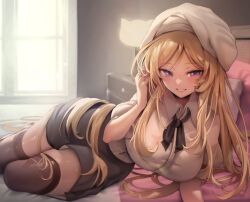Rule 34 | 1girl, absurdres, black bow, black bowtie, black skirt, black thighhighs, blonde hair, blush, bow, bowtie, breasts, collared shirt, commission, hat, highres, indoors, large breasts, long hair, looking at viewer, lying, on side, original, parted lips, pixiv commission, purple eyes, shirt, short sleeves, skirt, smile, solo, thighhighs, thighs, white hat, white shirt, zerocat