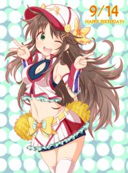 Rule 34 | 10s, 1girl, bad id, bad pixiv id, baseball cap, belt, blush, breasts, cleavage, cleavage cutout, clothing cutout, crop top, crop top overhang, double v, earrings, fingernails, hair ornament, hairclip, hat, highres, himekawa yuki, idolmaster, idolmaster cinderella girls, jewelry, long fingernails, long hair, looking at viewer, midriff, monchy pom, one eye closed, open mouth, sideboob, skindentation, smile, solo, thighhighs, v