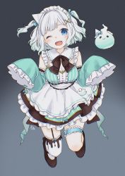 Rule 34 | 1girl, absurdres, blue eyes, breasts, cleavage, detached sleeves, dress, fang, ghost, gradient hair, green dress, green hair, highres, indie virtual youtuber, maid headdress, medium breasts, mint fantome, mizutamako, multicolored hair, one eye closed, open mouth, second-party source, short hair, single thighhigh, skin fang, sleeves past fingers, sleeves past wrists, solo, thigh strap, thighhighs, two side up, virtual youtuber, white hair