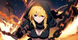 Rule 34 | 1girl, black collar, black gloves, black shirt, blonde hair, breasts, chain, chained, cleavage, collar, cropped shirt, double-parted bangs, fingerless gloves, fire, gloves, highres, hololive, hololive indonesia, hood, hood up, kaela kovalskia, large breasts, looking at viewer, medium hair, official alternate costume, popo (popo0cat), red eyes, shirt, short sleeves, shrug (clothing), solo, swept bangs, virtual youtuber