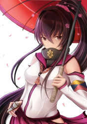 Rule 34 | 10s, 1girl, breasts, brown eyes, brown hair, cherry blossoms, detached sleeves, flower, hair ornament, kantai collection, large breasts, long hair, looking at viewer, nannacy7, oil-paper umbrella, personification, ponytail, solo, umbrella, upper body, yamato (kancolle)