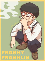 Rule 34 | 1boy, afro, brown footwear, character name, cigarette, earrings, franky franklin, full body, green background, holding, holding cigarette, jewelry, male focus, necktie, ouka (gegege 853suki), red-framed eyewear, red necktie, shirt, sideburns, smoke, smoking, socks, solo, spy x family, squatting, striped clothes, striped socks, suspenders, white shirt