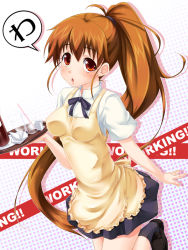 Rule 34 | 1girl, apron, brown eyes, brown hair, long hair, ponytail, skirt, solo, taneshima popura, tray, very long hair, waitress, working!!, yukinon, yukinon (tsuki koubou)