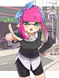 Rule 34 | 1girl, aqua eyes, bike shorts, blunt bangs, blush, cardigan, collared shirt, commentary, fangs, hair ornament, hand on own hip, inkling, inkling girl, inkling player character, leaning forward, long hair, long sleeves, nintendo, open mouth, outdoors, pink hair, pointing, pointing at viewer, pointy ears, road, shirt, sidelocks, solo, splatoon (series), street, takeko spla, tears, tsundere