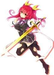 Rule 34 | 10s, 1girl, :d, black thighhighs, garter straps, hair ribbon, highres, holding, holding sword, holding weapon, long hair, official art, open mouth, rakudai kishi no cavalry, red eyes, red hair, ribbon, simple background, smile, solo, stella vermillion, sword, thighhighs, torn clothes, torn thighhighs, transparent background, two side up, weapon, white background, won (az hybrid), yellow ribbon